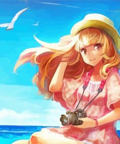 Blonde Long Hair Anime Lady By The Sea Diamond Painting