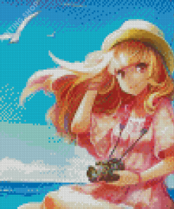 Blonde Long Hair Anime Lady By The Sea Diamond Painting