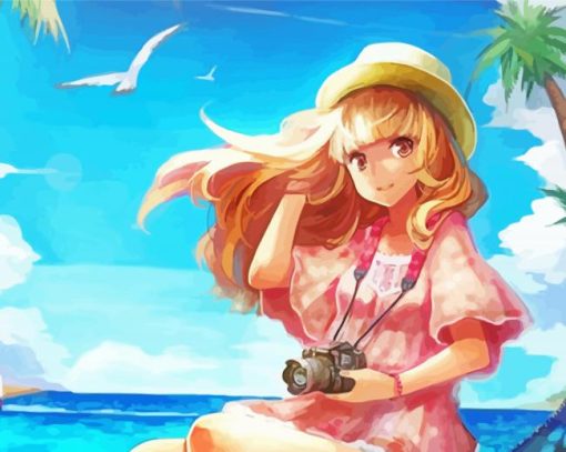 Blonde Long Hair Anime Lady By The Sea Diamond Painting