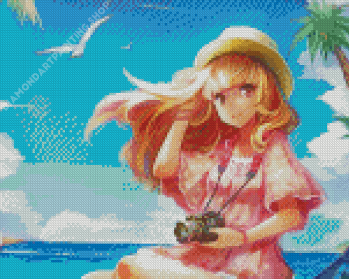 Blonde Long Hair Anime Lady By The Sea Diamond Painting