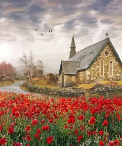 Poppies Country Church Diamond Painting