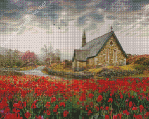 Poppies Country Church Diamond Painting