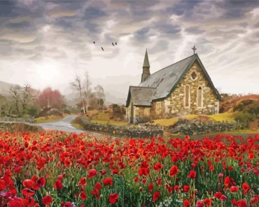 Poppies Country Church Diamond Painting