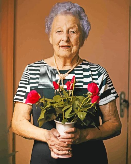 Old Woman With Flower In Vase Diamond Painting