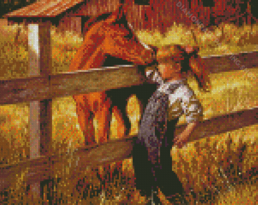 Little Girl And Horse In Farm Diamond Painting