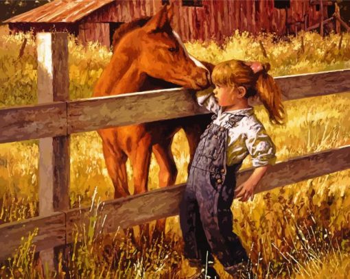 Little Girl And Horse In Farm Diamond Painting