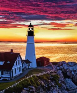 Portland Lighthouse Sunset Sky Diamond Painting