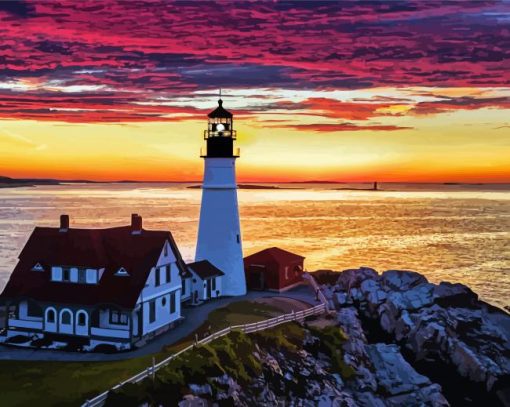 Portland Lighthouse Sunset Sky Diamond Painting