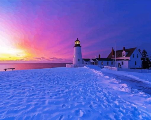 Winter Beach Lighthouse Diamond Painting