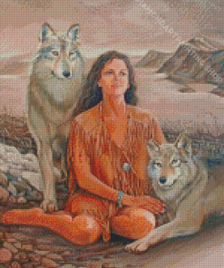 Young Indian Woman And Wolf Diamond Painting