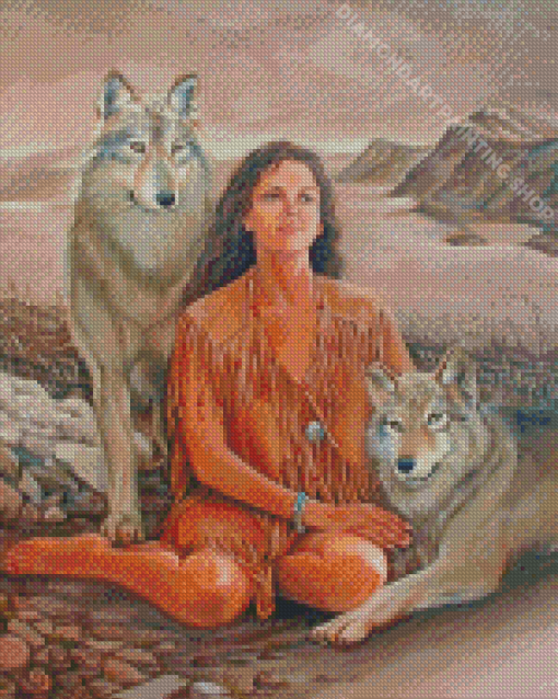 Young Indian Woman And Wolf Diamond Painting