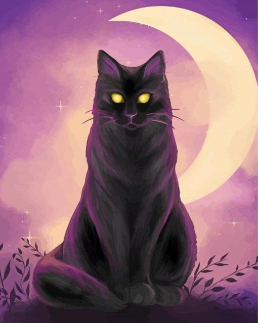 Black Cat With Yellow Eyes And Moon Diamond Painting