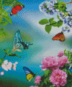 Flowers With Butterflies Diamond Painting