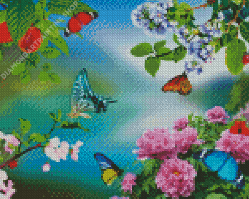 Flowers With Butterflies Diamond Painting