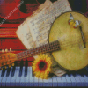 Old Banjolele On Piano With Sunflower Diamond Painting