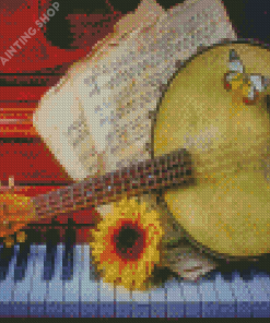 Old Banjolele On Piano With Sunflower Diamond Painting