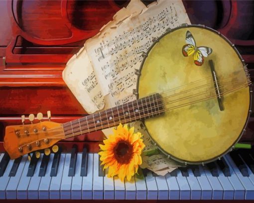 Old Banjolele On Piano With Sunflower Diamond Painting