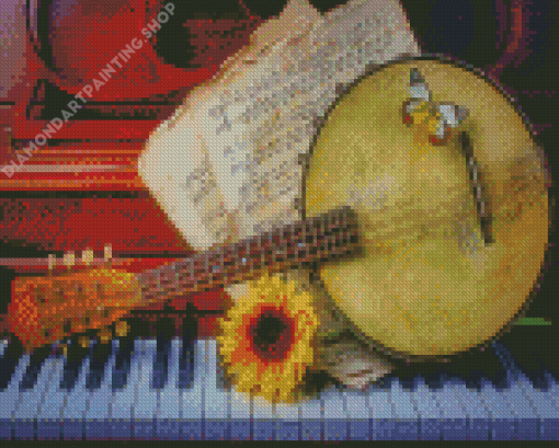 Old Banjolele On Piano With Sunflower Diamond Painting