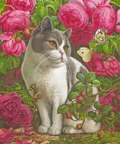 Pink Flowers Cat Yana Movchan Diamond Painting