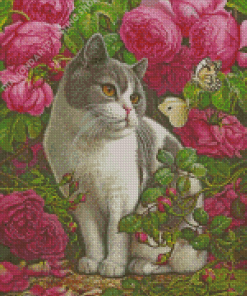 Pink Flowers Cat Yana Movchan Diamond Painting