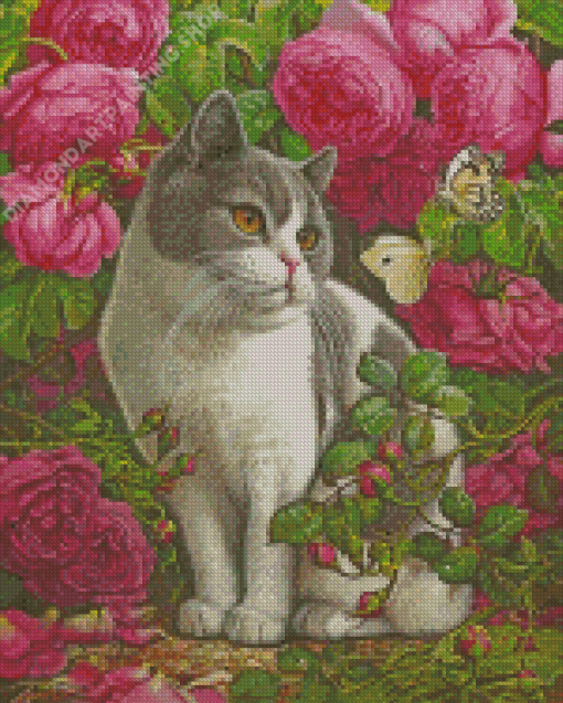 Pink Flowers Cat Yana Movchan Diamond Painting