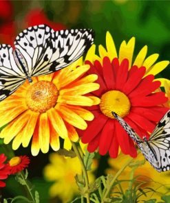 Red And Yellow Flowers With Butterflies Diamond Painting