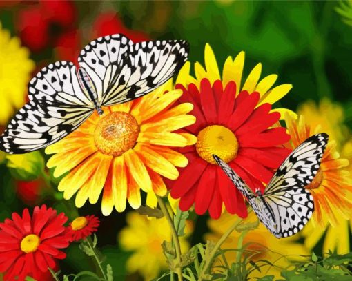 Red And Yellow Flowers With Butterflies Diamond Painting