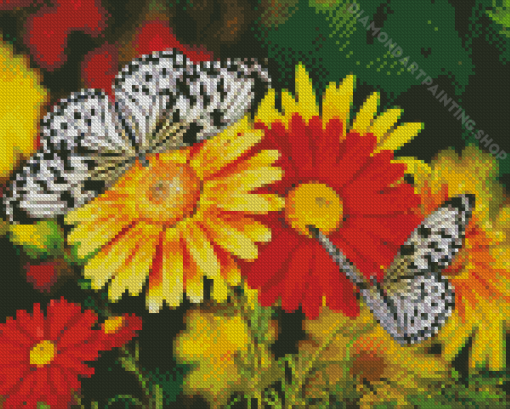 Red And Yellow Flowers With Butterflies Diamond Painting