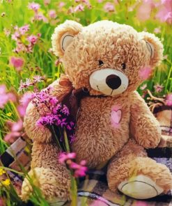 Teddy Bear In Flowers Field Diamond Painting