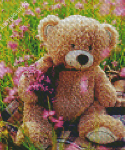 Teddy Bear In Flowers Field Diamond Painting