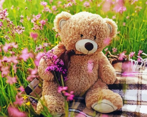 Teddy Bear In Flowers Field Diamond Painting