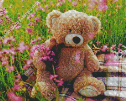 Teddy Bear In Flowers Field Diamond Painting