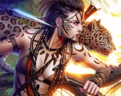 Warrior Girl With Leopard Diamond Painting