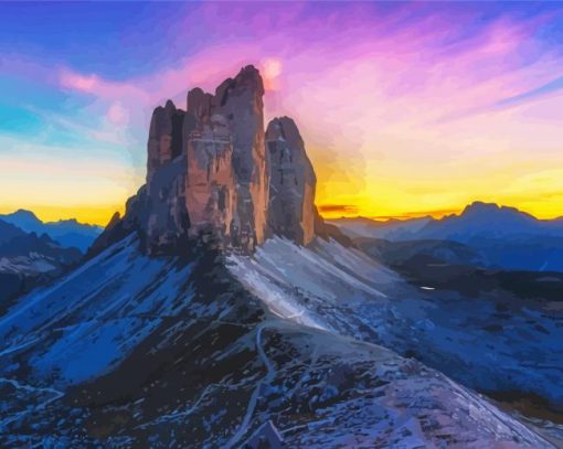 Beautiful Sunset In Tre Cime Di Lavaredo Mountains Diamond Painting