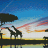 Giraffe With Elephant Silhouette Diamond Painting