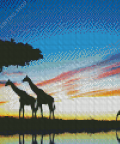 Giraffe With Elephant Silhouette Diamond Painting