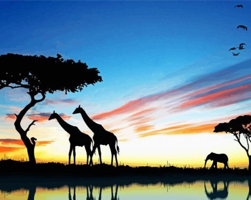 Giraffe With Elephant Silhouette Diamond Painting