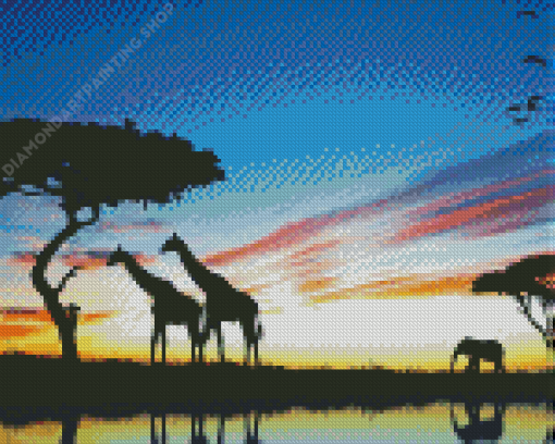 Giraffe With Elephant Silhouette Diamond Painting