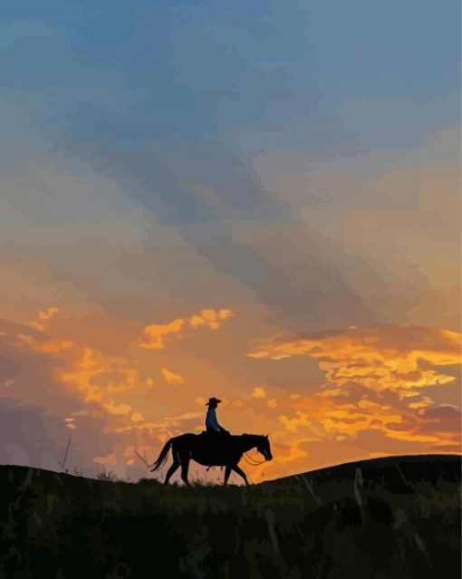 Girl Riding A Horse Sunset Silhouette Diamond Painting