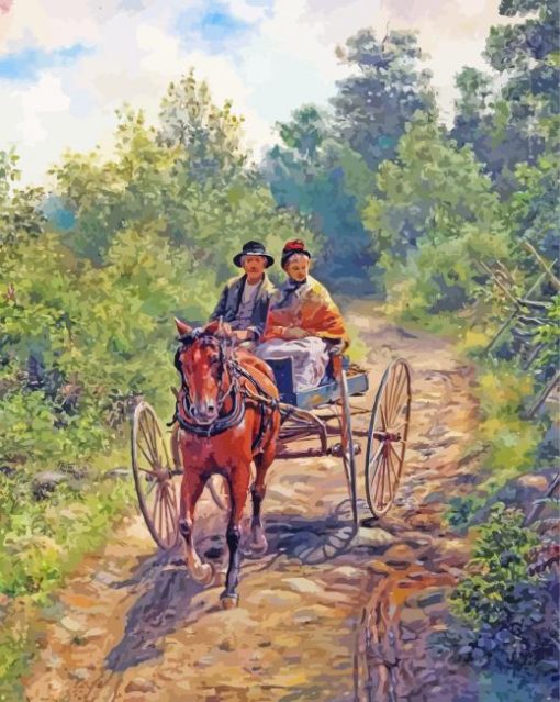 Old Couple On Horse Carriage Diamond Painting