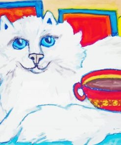 White Cat And Coffee Cup Diamond Painting