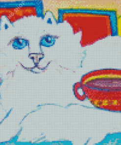 White Cat And Coffee Cup Diamond Painting