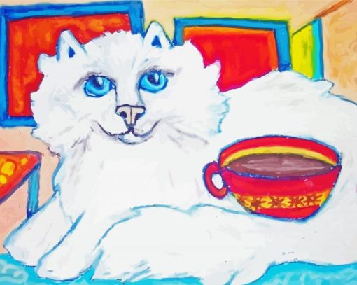 White Cat And Coffee Cup Diamond Painting