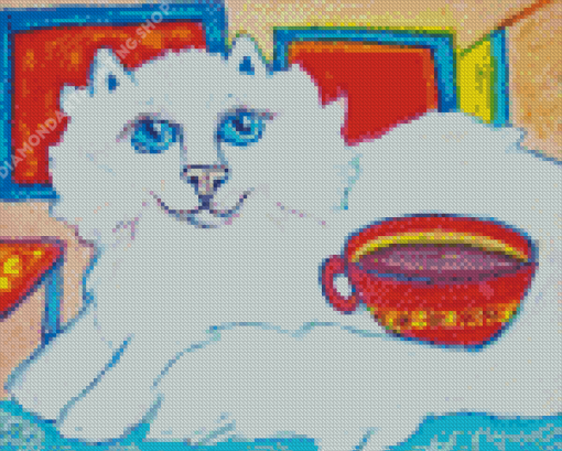 White Cat And Coffee Cup Diamond Painting