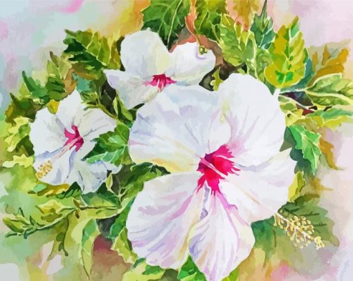 White Hibiscus Flowers Art Diamond Painting