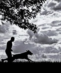 Black And White Man And Dog Silhouette Diamond Painting