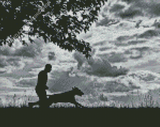 Black And White Man And Dog Silhouette Diamond Painting