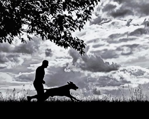 Black And White Man And Dog Silhouette Diamond Painting