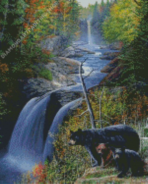 Black Bear Waterfall Landscape Diamond Painting