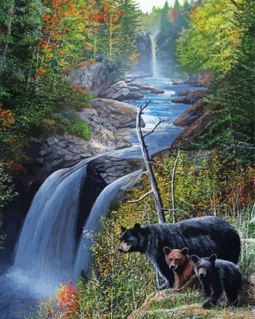 Black Bear Waterfall Landscape Diamond Painting